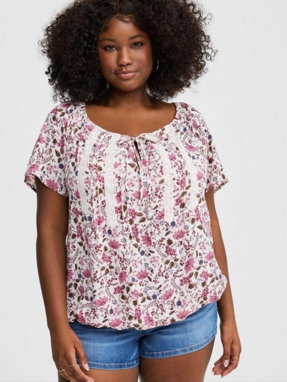 Torrid Pink and White Floral Lace-Trim Peasant Blouse Size 1